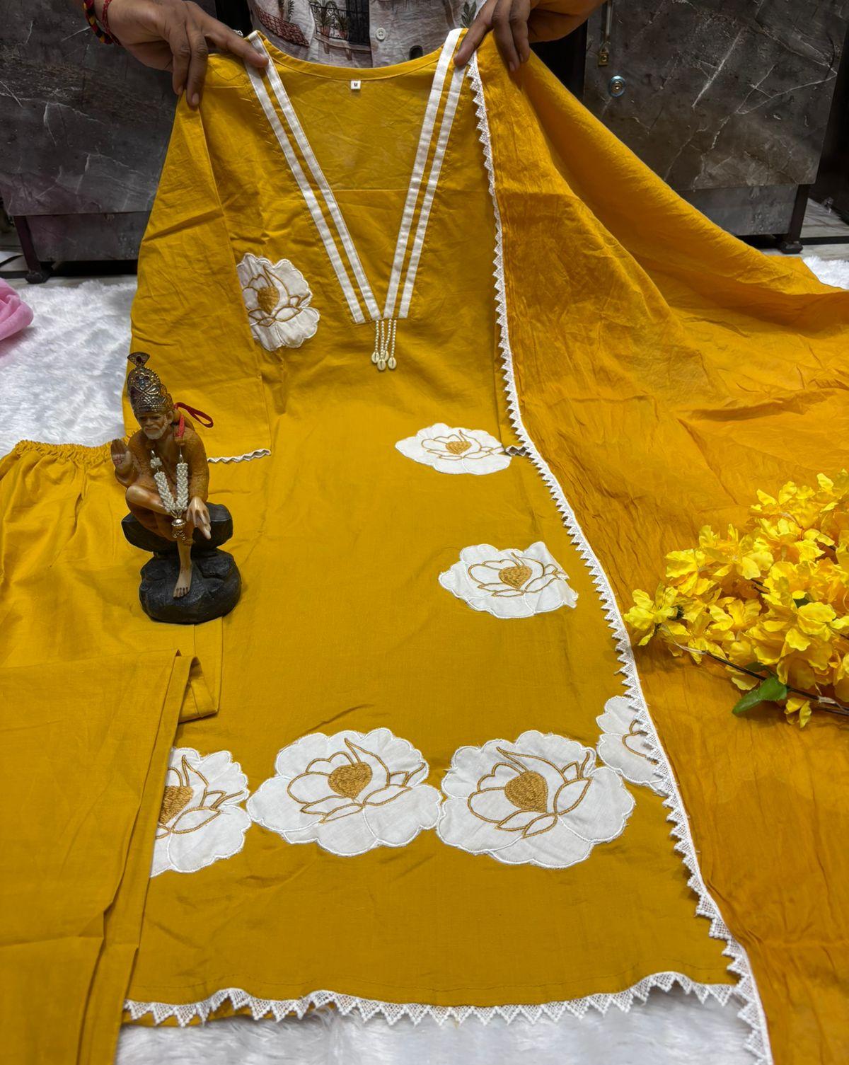 Mustard Yellow Anarkali Embroidery Patch Work Cotton Kurta Pant Set with Lace Dupatta