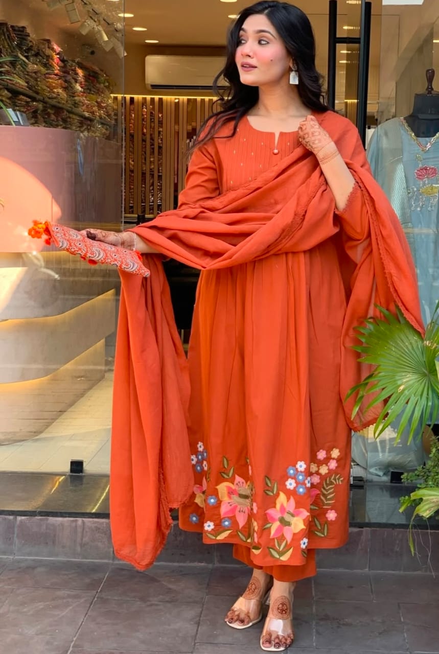 Rust Orange Cotton Anarkali Suit Set for Women | Embroidered Kurti with Pant & Mulmul Dupatta