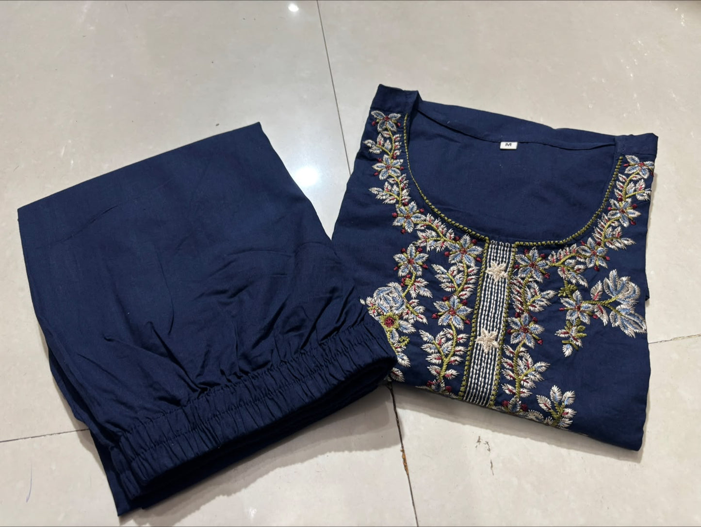 Navy Blue Cotton Embroidered Co-ord Set with Plazo