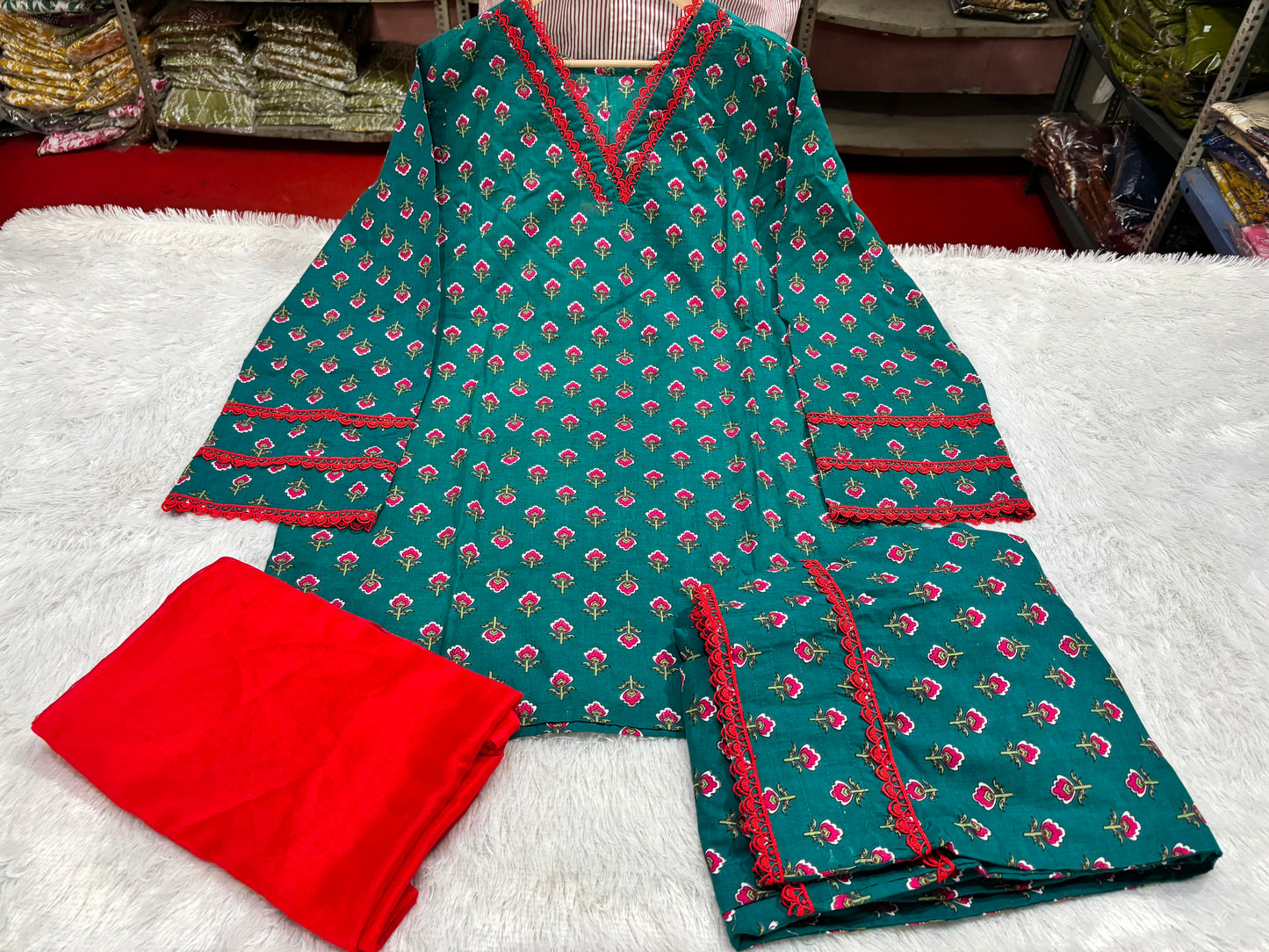 Teal Green Floral Block Print Cotton Farshi Salwar Suit Set with Red Dupatta