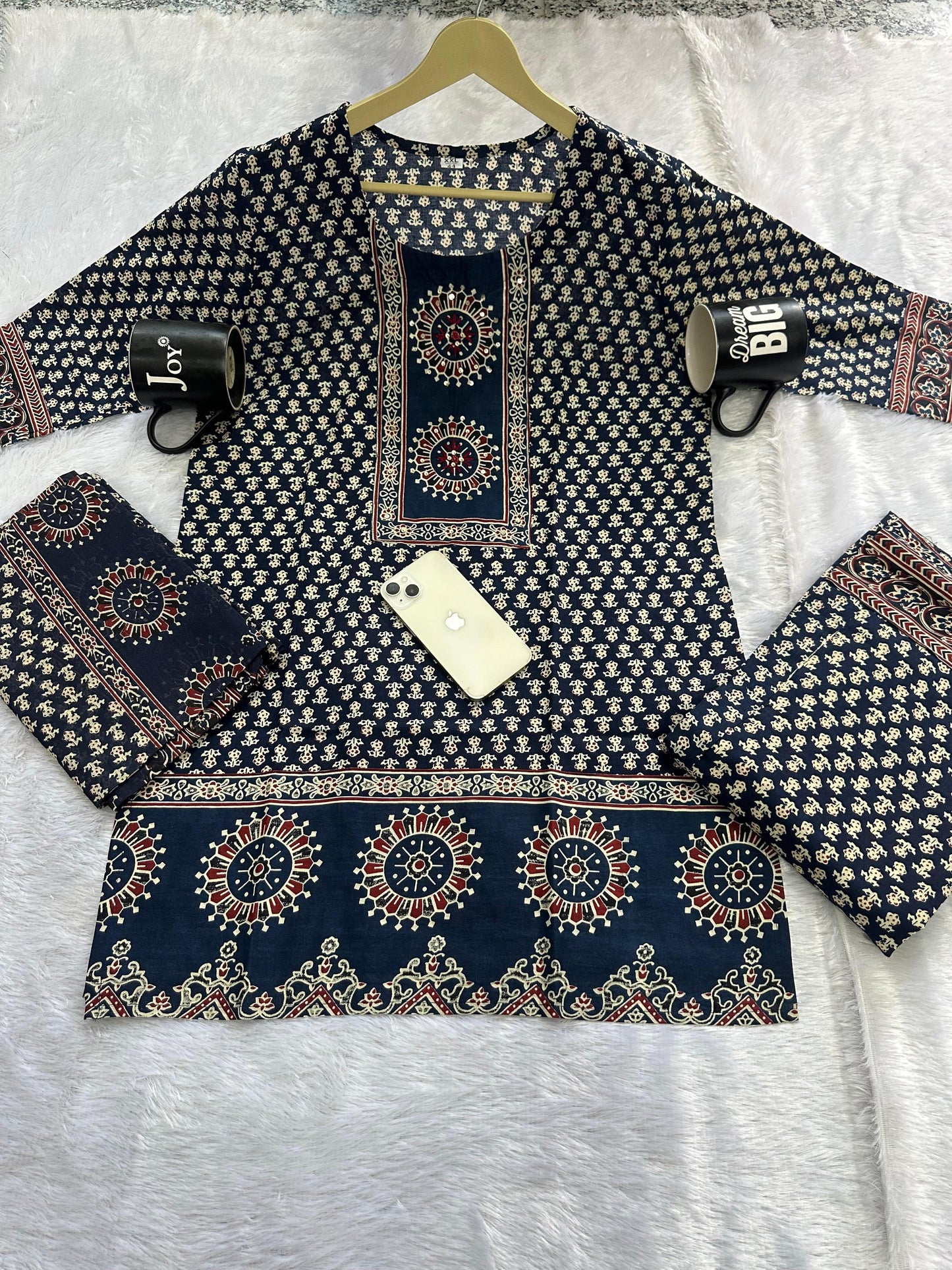 Navy Blue Cotton Printed Gopi Sharara Set | Ajrakh Print Kurti with Dupatta