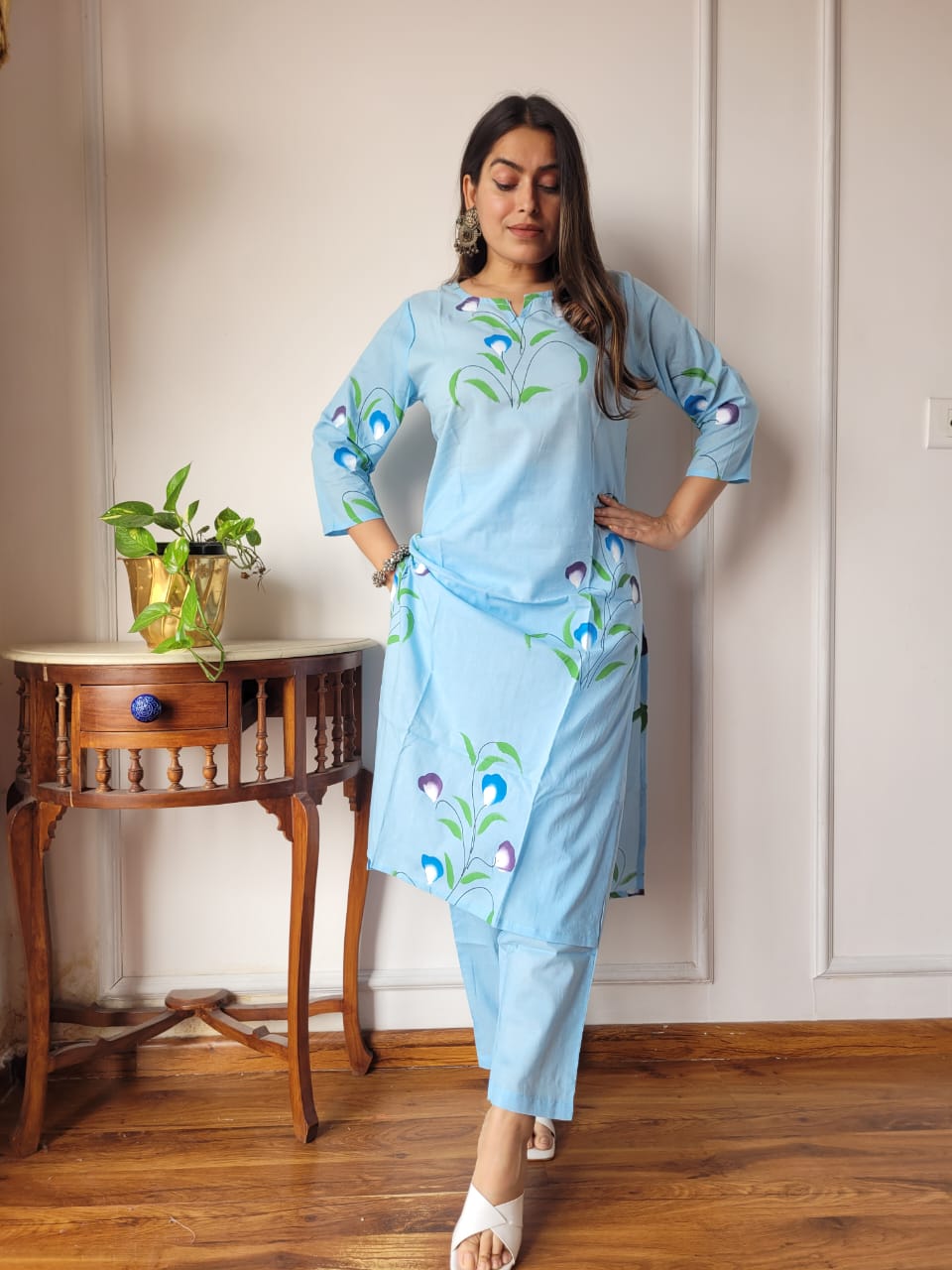 Sky Blue Floral Cotton Kurta Pant Set for Women | Elegant Summer Ethnic Wear(BFCOS01)