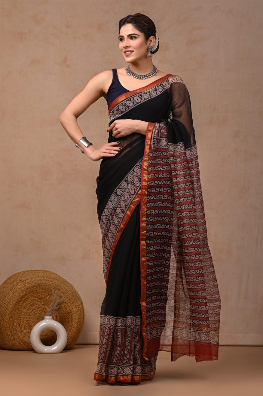 Black Kota Doriya Saree | Ajrak Hand Block Print Border | Natural Dye | Bagru Traditional Print (BFKS51)