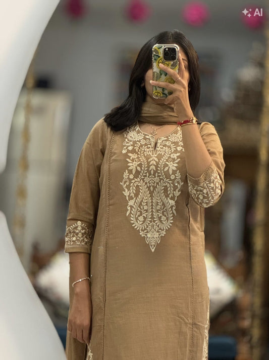 Mustard Embroidered Cotton Kurta Pant Set with Dupatta