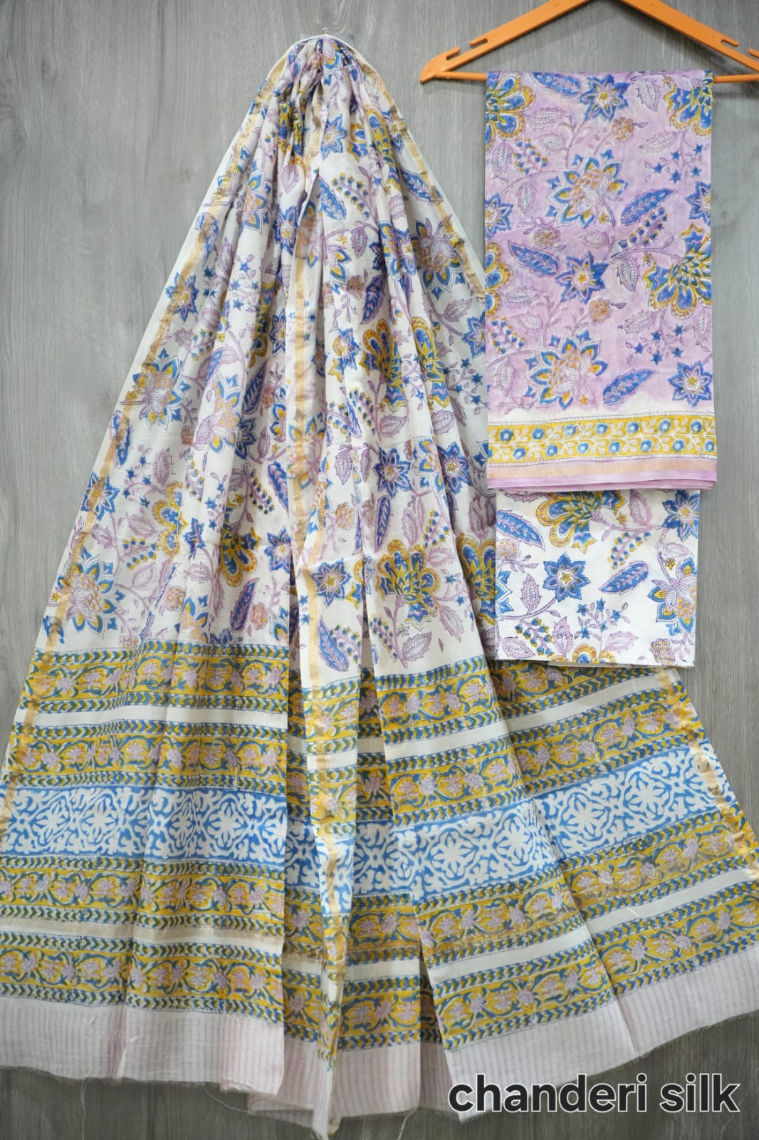 Lilac Purple & Blue Floral Hand Block Print Chanderi Silk Suit Material|(BFCHS05)