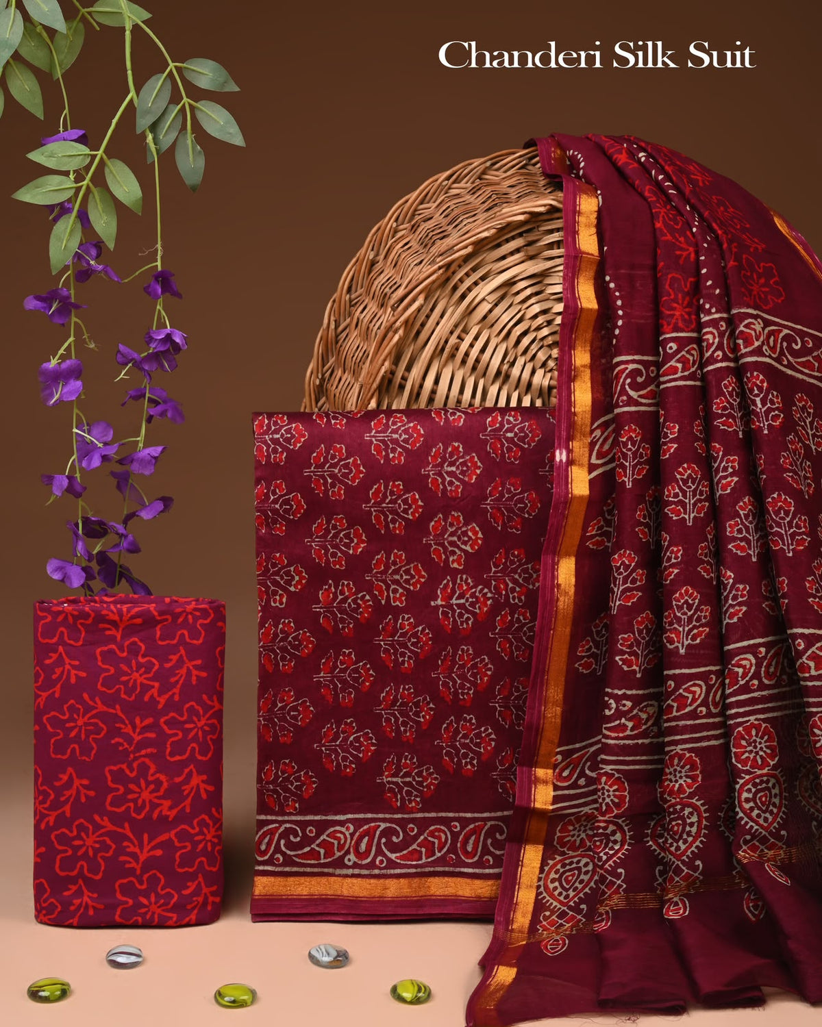 EXCLUSIVE HAND BLOCK CHANDERI SILK SUIT SET WITH CHANDERI DUPATTA