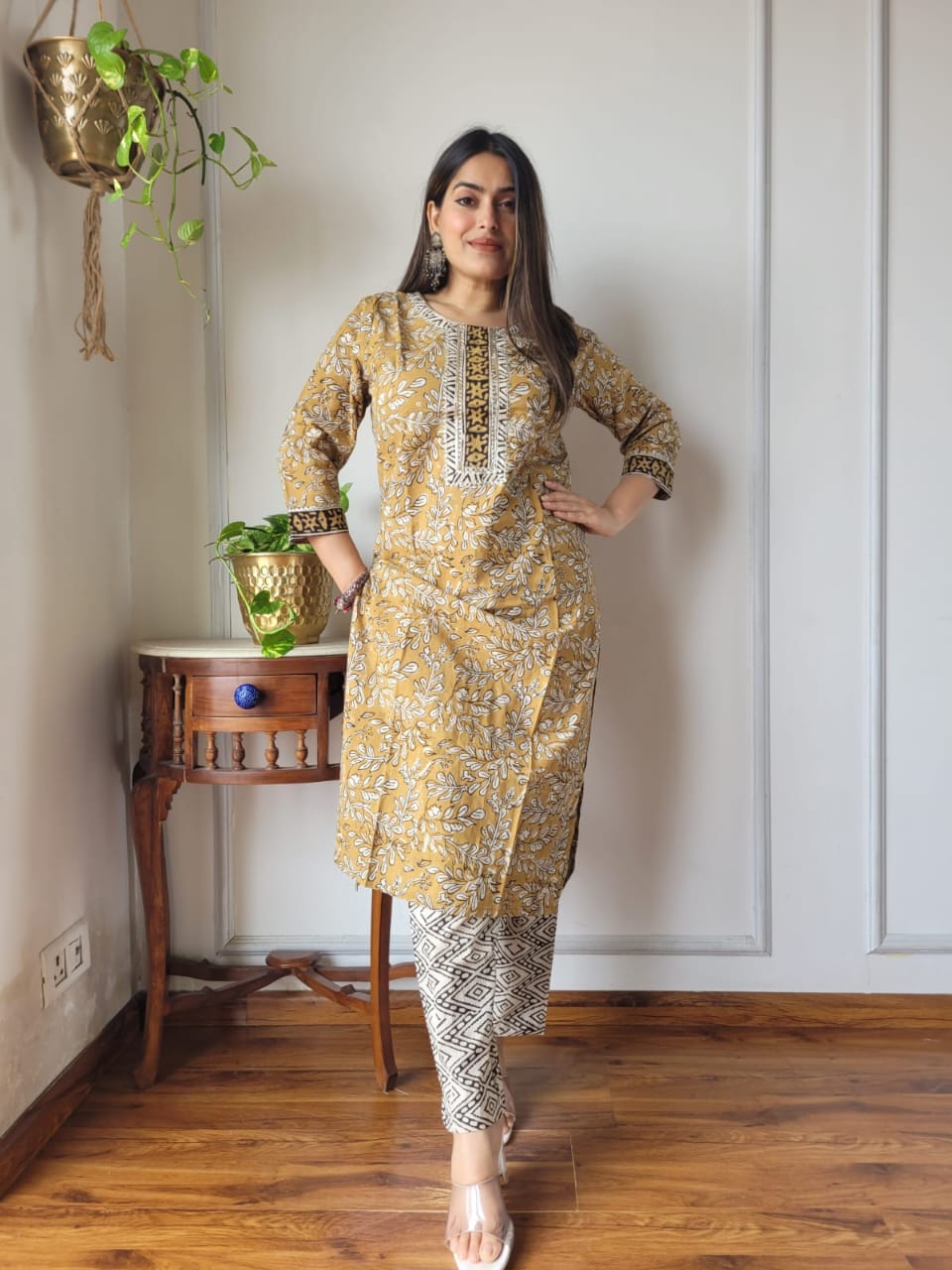 Mustard Printed Cotton Kurti Pant Set for Women