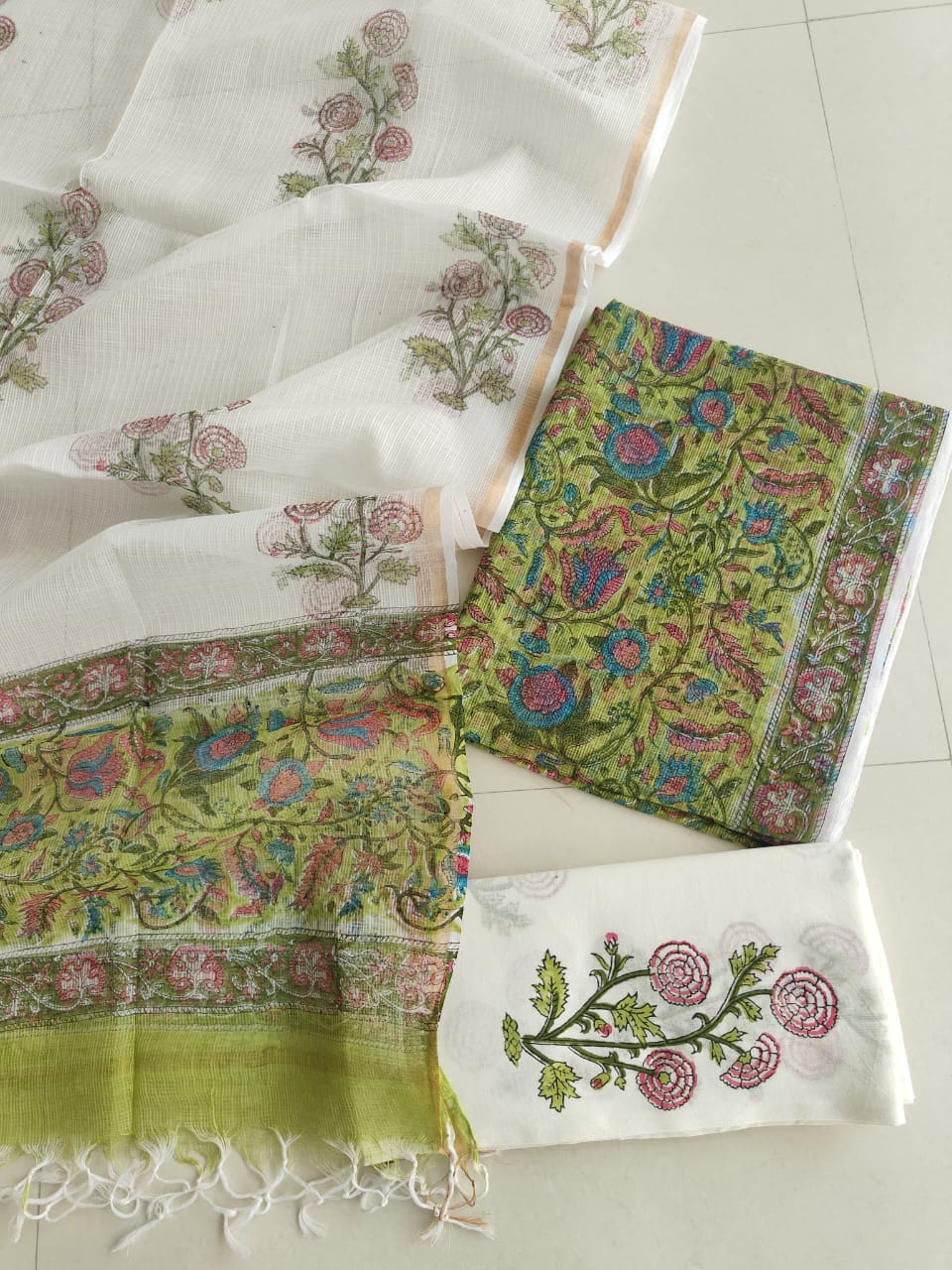 Bright Green Jaal Hand Block Print Kota Doriya Suit (BFFKO75)