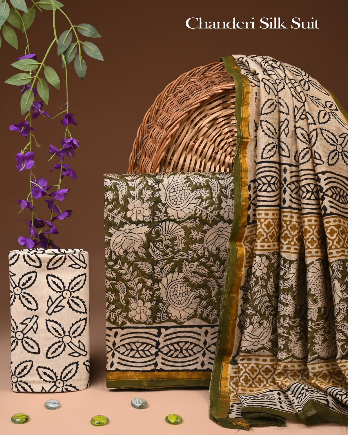 EXCLUSIVE HAND BLOCK CHANDERI SILK SUIT SET WITH CHANDERI DUPATTA
