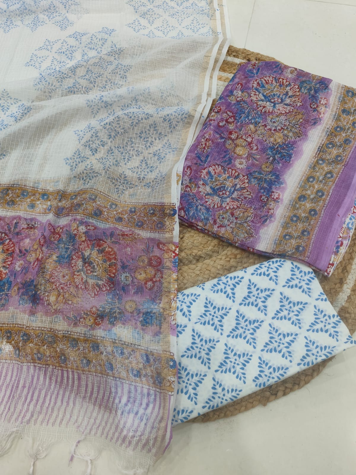 White & Blue Ethnic Printed kota doriya Suit Set (BFFKO17)