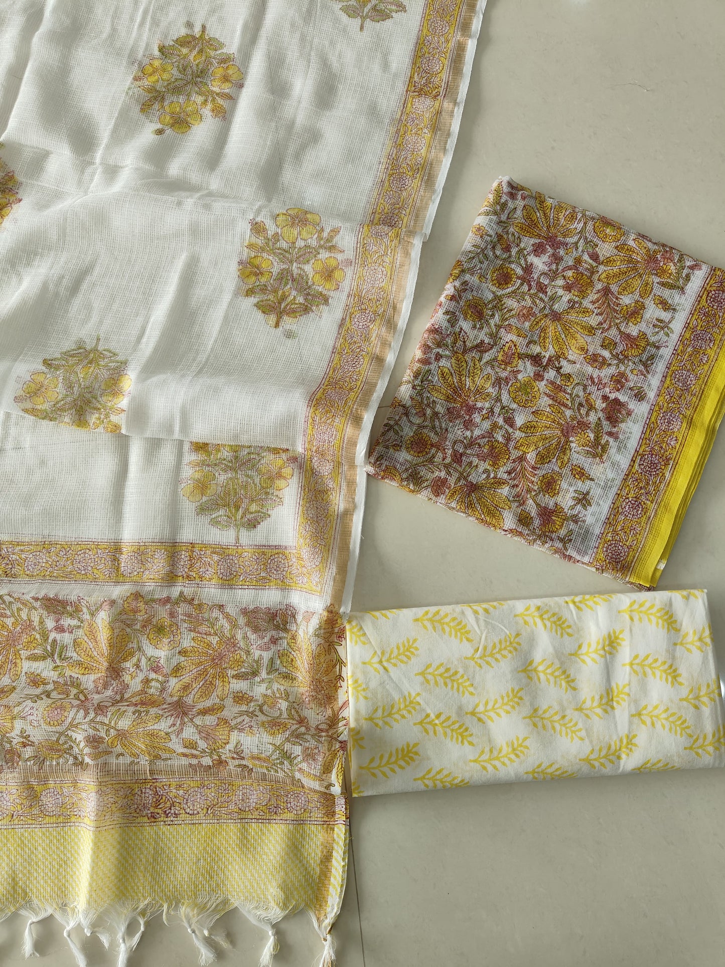 Yellow & Pink Floral Block Print Kota Doriya Suit (BFFKO89)