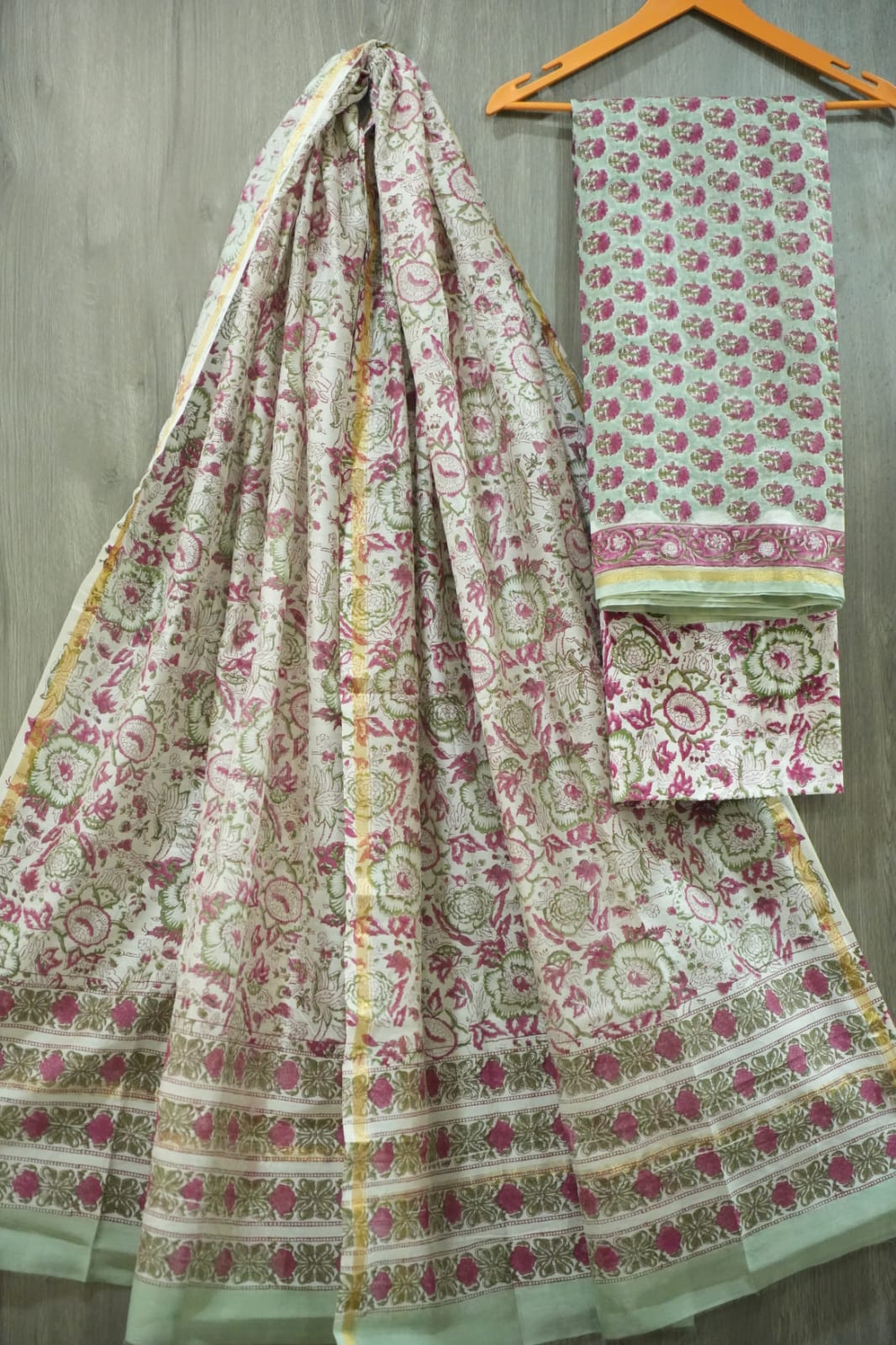 Mint Green & Magenta Floral Jaal Hand Block Print Chanderi Silk Dress Material (BFCHS50)