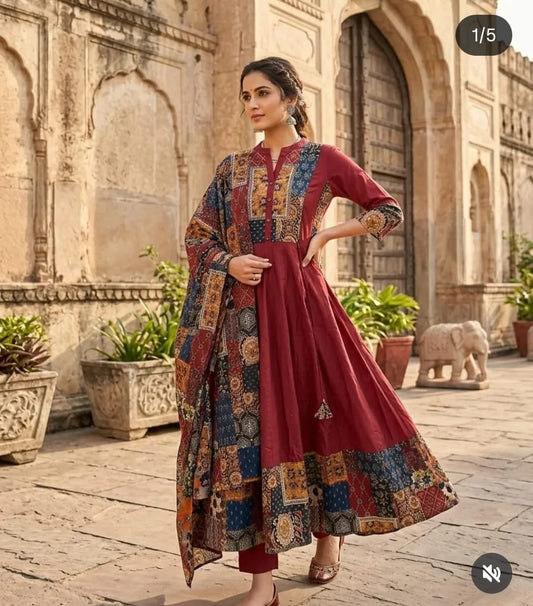 Red Premium Cotton Anarkali Suit for Women | Ajrakh Print Umbrella Flair Kurti with Pant & Dupatta