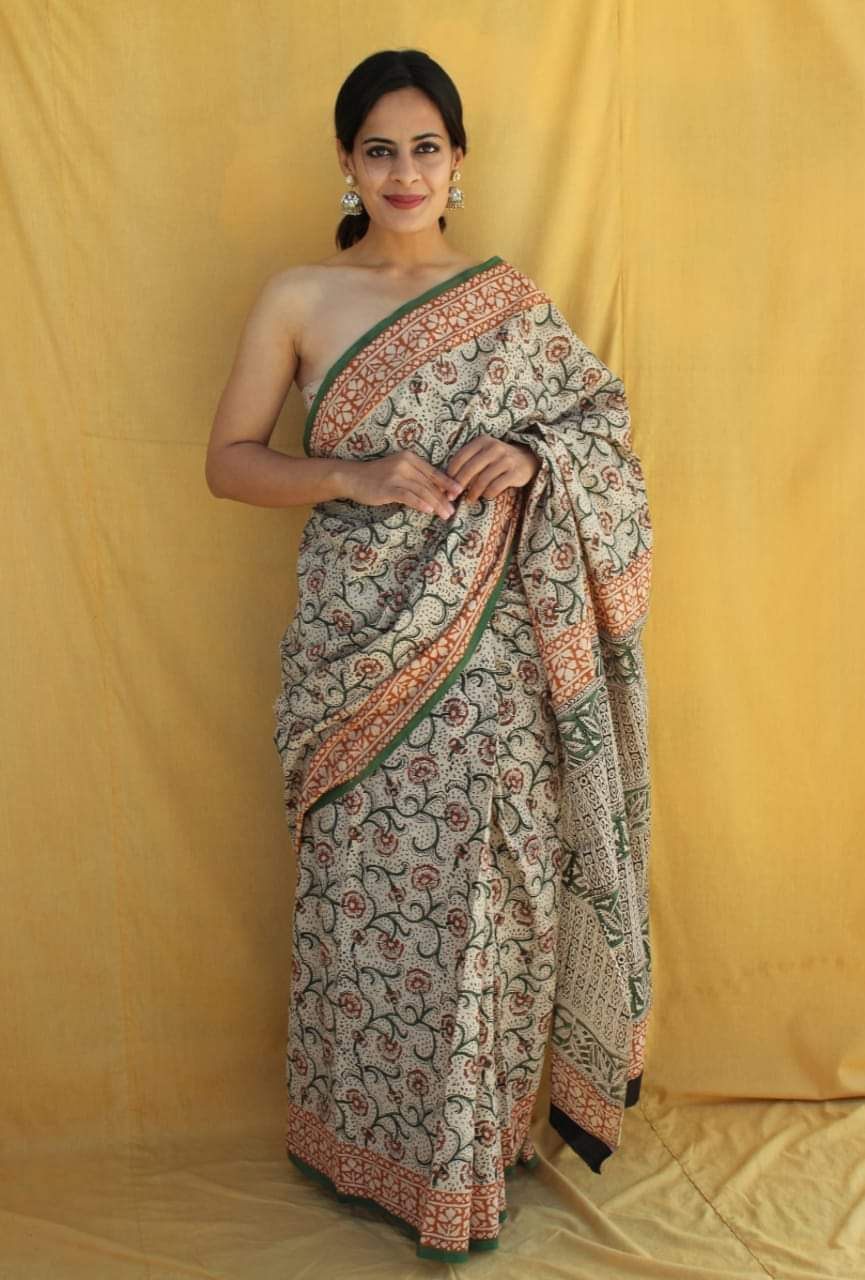 Green Floral Printed Cotton Saree – Soft Cotton Saree for Women (BFCS24)
