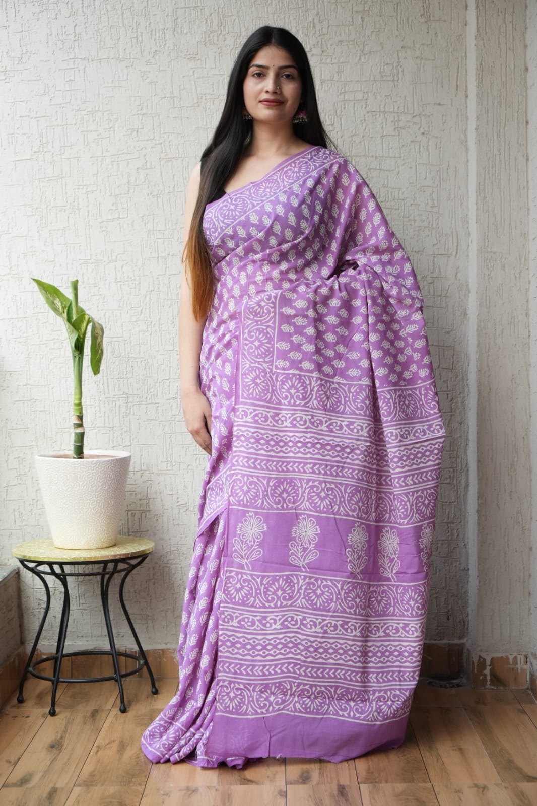 Lavender Purple Hand Block Printed Cotton Saree with Blouse (BFCS70)