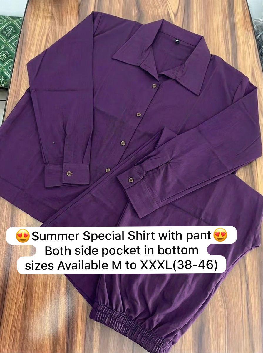 Deep Purple Pure Cotton Coord Set | Shirt & Wide Leg Pant |