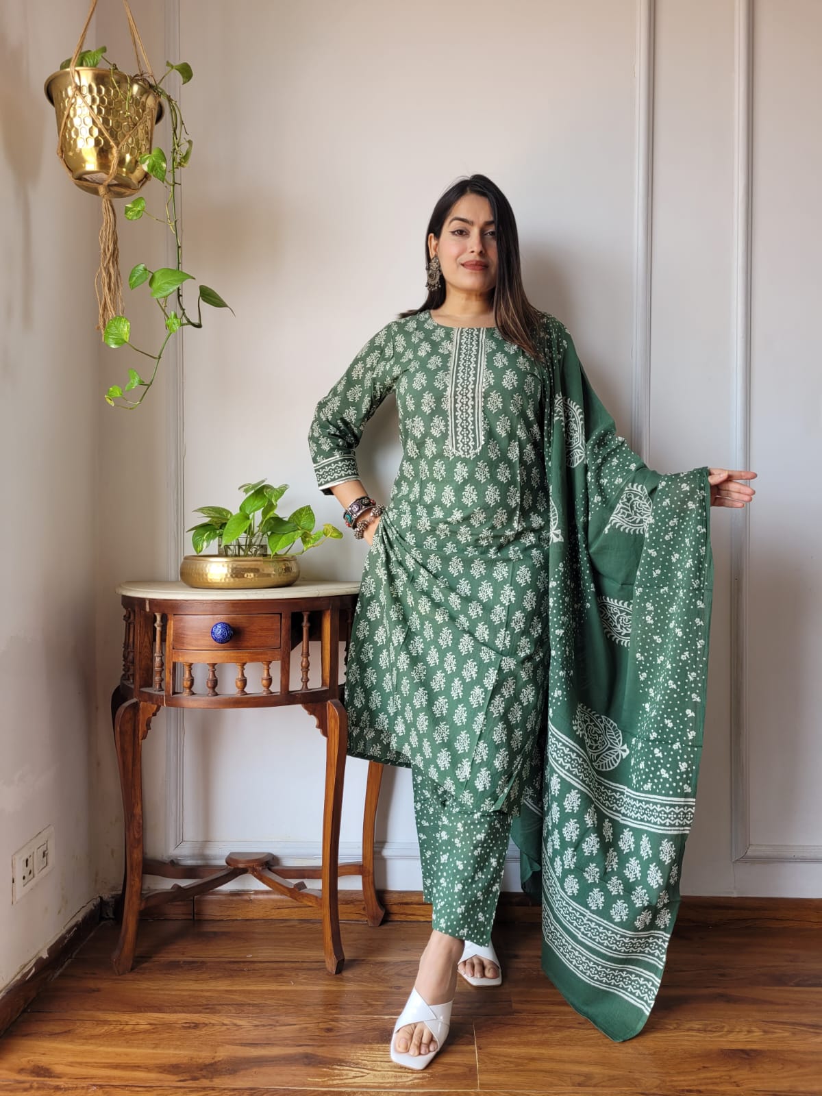 Green Hand Block Printed Cotton Suit for Women