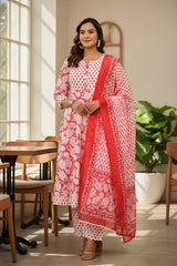 Red Cotton Printed Kurta Pant Dupatta Set