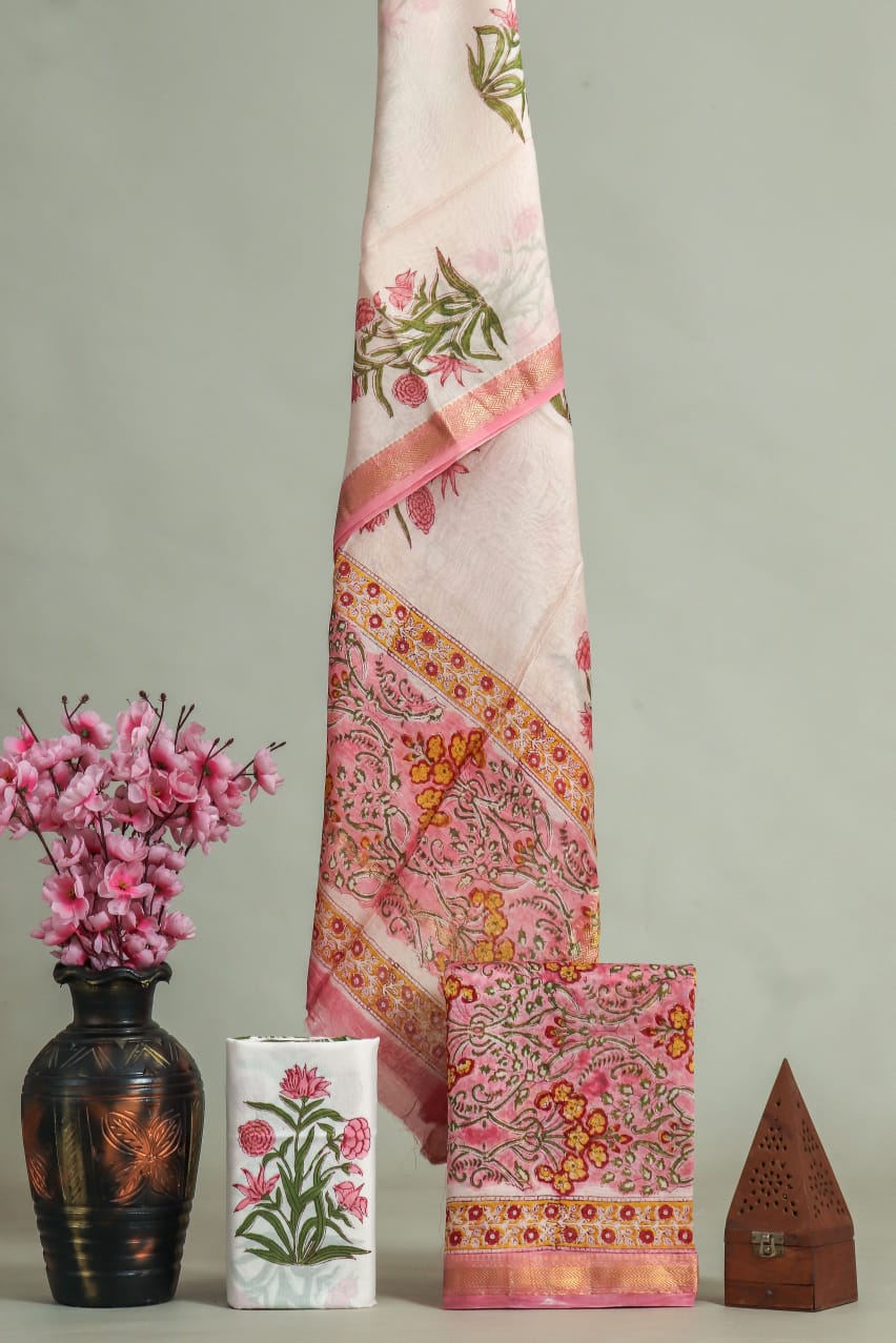 Premium Hand Block Printed Maheshwari Silk Suit(BFMAH47)