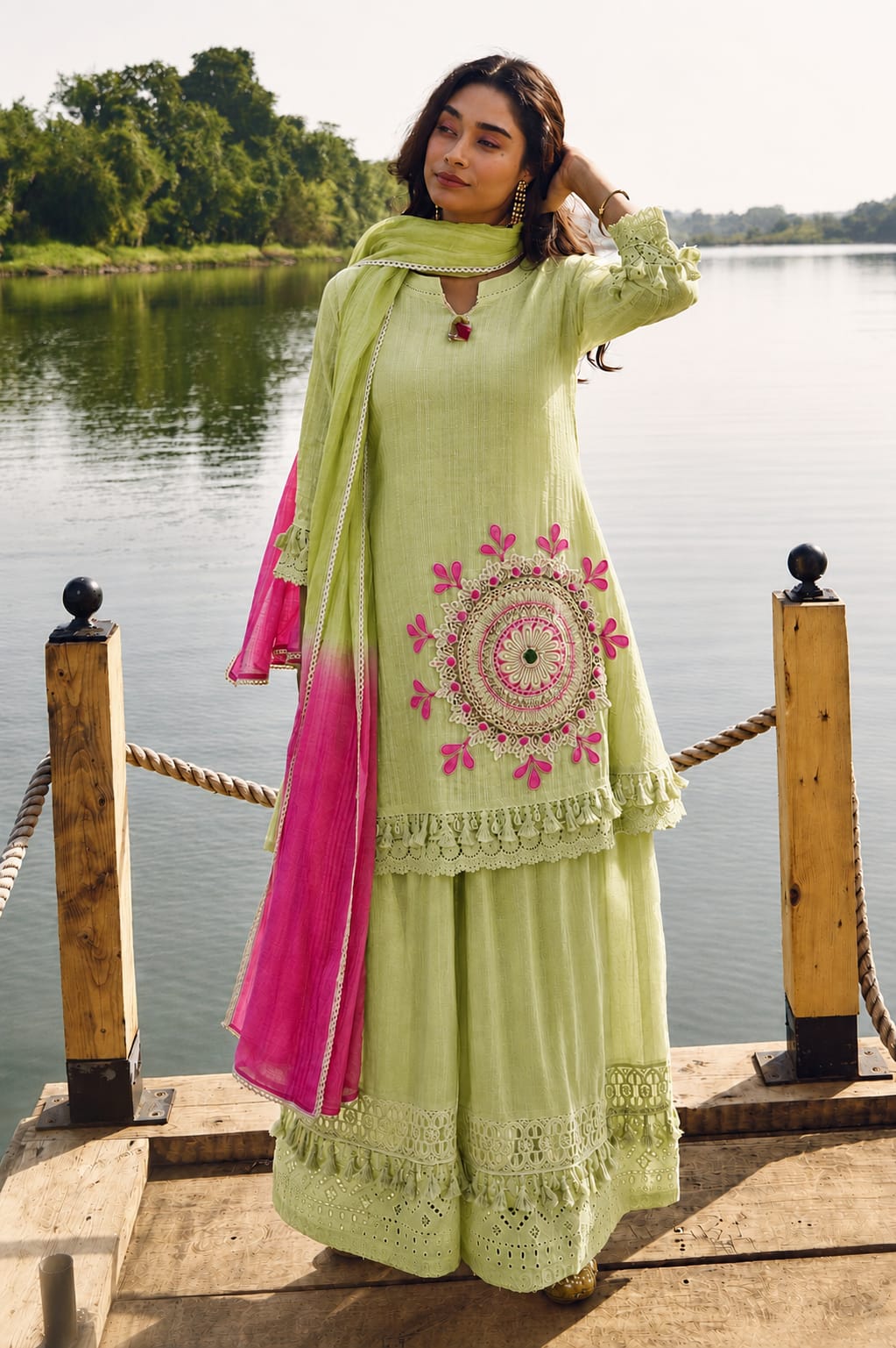 Pistachio Green Embroidered Sharara Suit for Women | Pure Cotton Shifli Lino Kurta Set with Lahariya Tie-Dye Dupatta