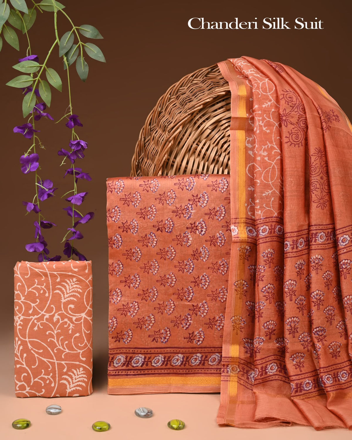 EXCLUSIVE HAND BLOCK CHANDERI SILK SUIT SET WITH CHANDERI DUPATTA