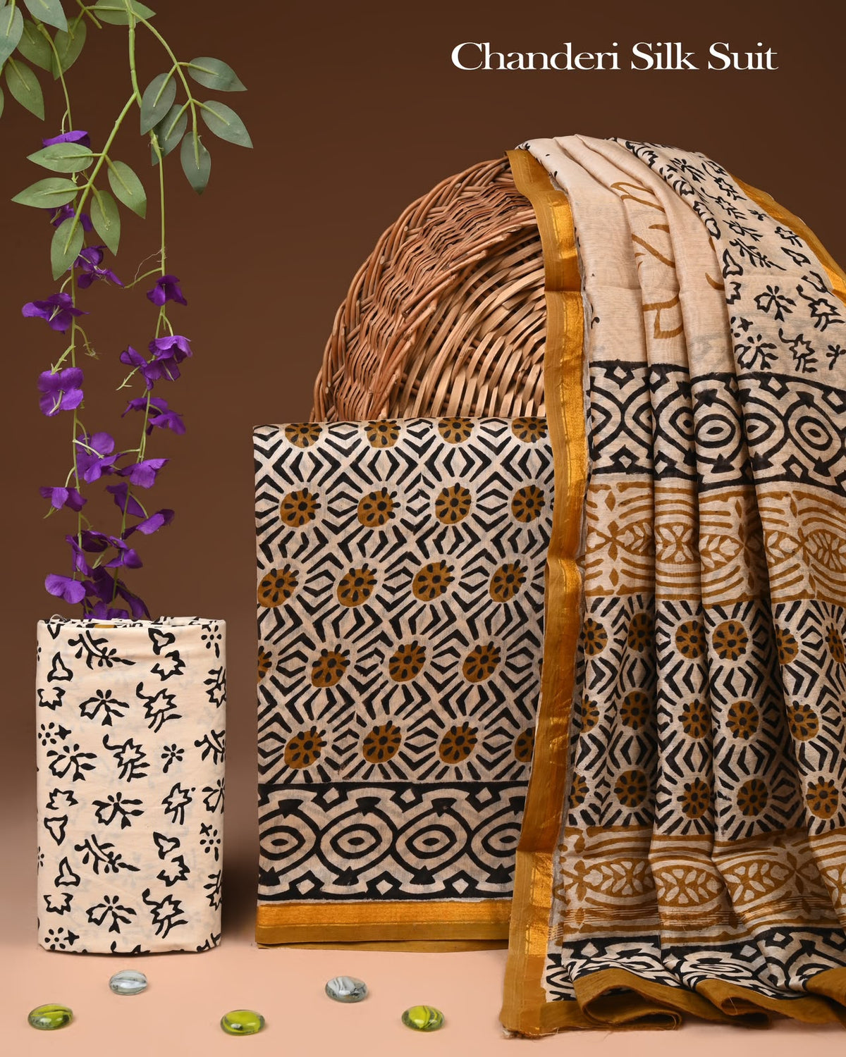 EXCLUSIVE HAND BLOCK CHANDERI SILK SUIT SET WITH CHANDERI DUPATTA