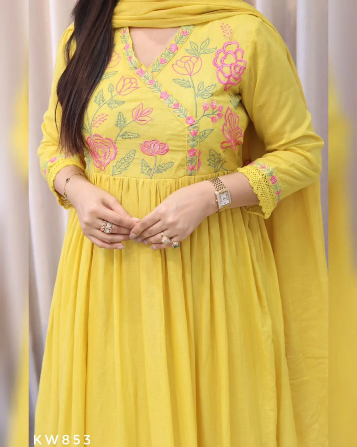 Yellow Floral Embroidered Anarkali Kurta Set for Women