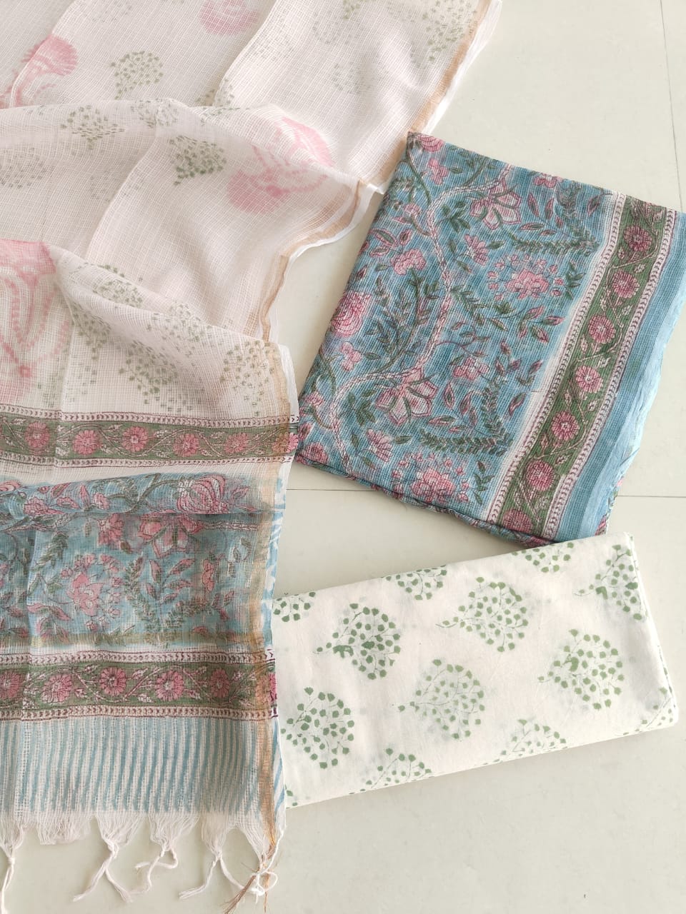 Sky Blue Floral Hand Block Print Kota Doriya Suit (BFFKO63)