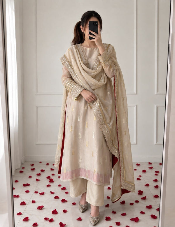 Cream Pure Banarasi Soft Silk A-Line Kurti Pant Dupatta Set