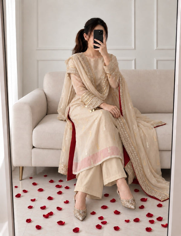 Cream Pure Banarasi Soft Silk A-Line Kurti Pant Dupatta Set