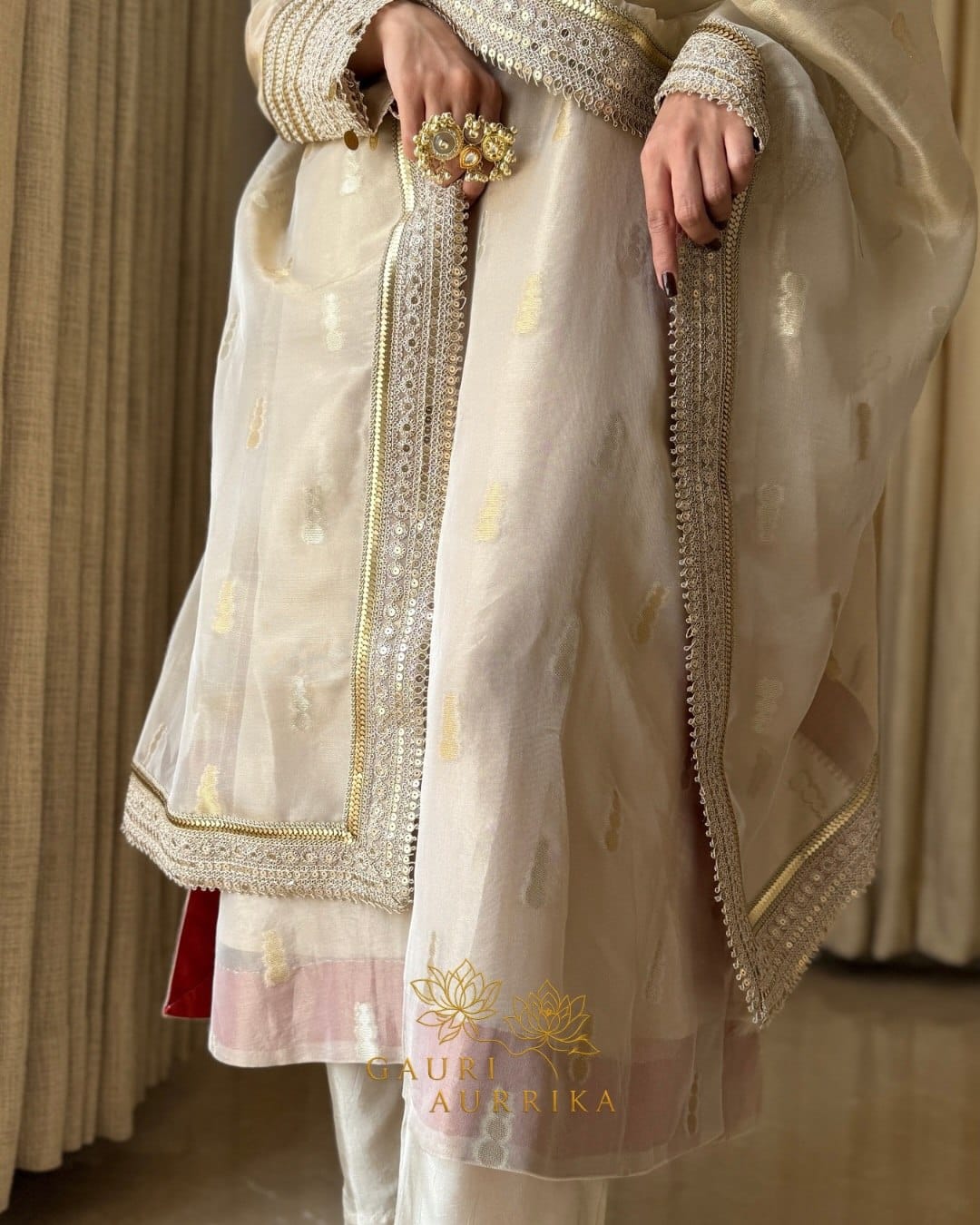 Cream Pure Banarasi Soft Silk A-Line Kurti Pant Dupatta Set