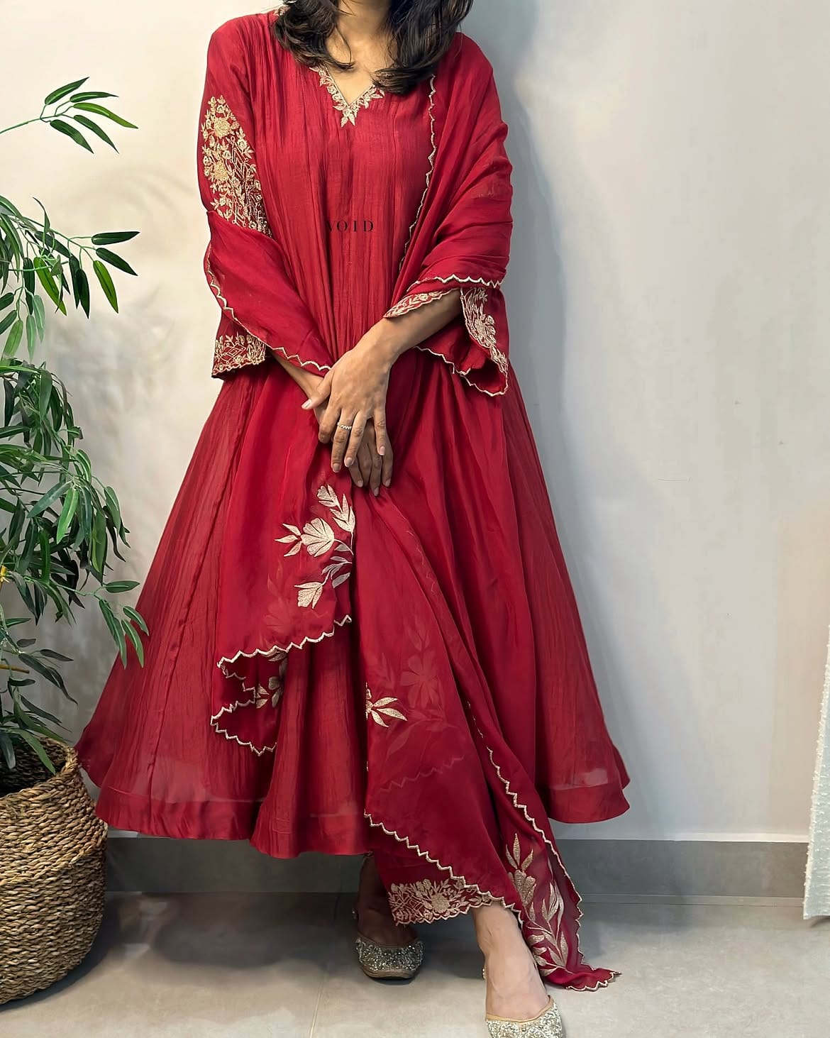 Red Pure Mul Chanderi Anarkali Kurta Pant Dupatta Set