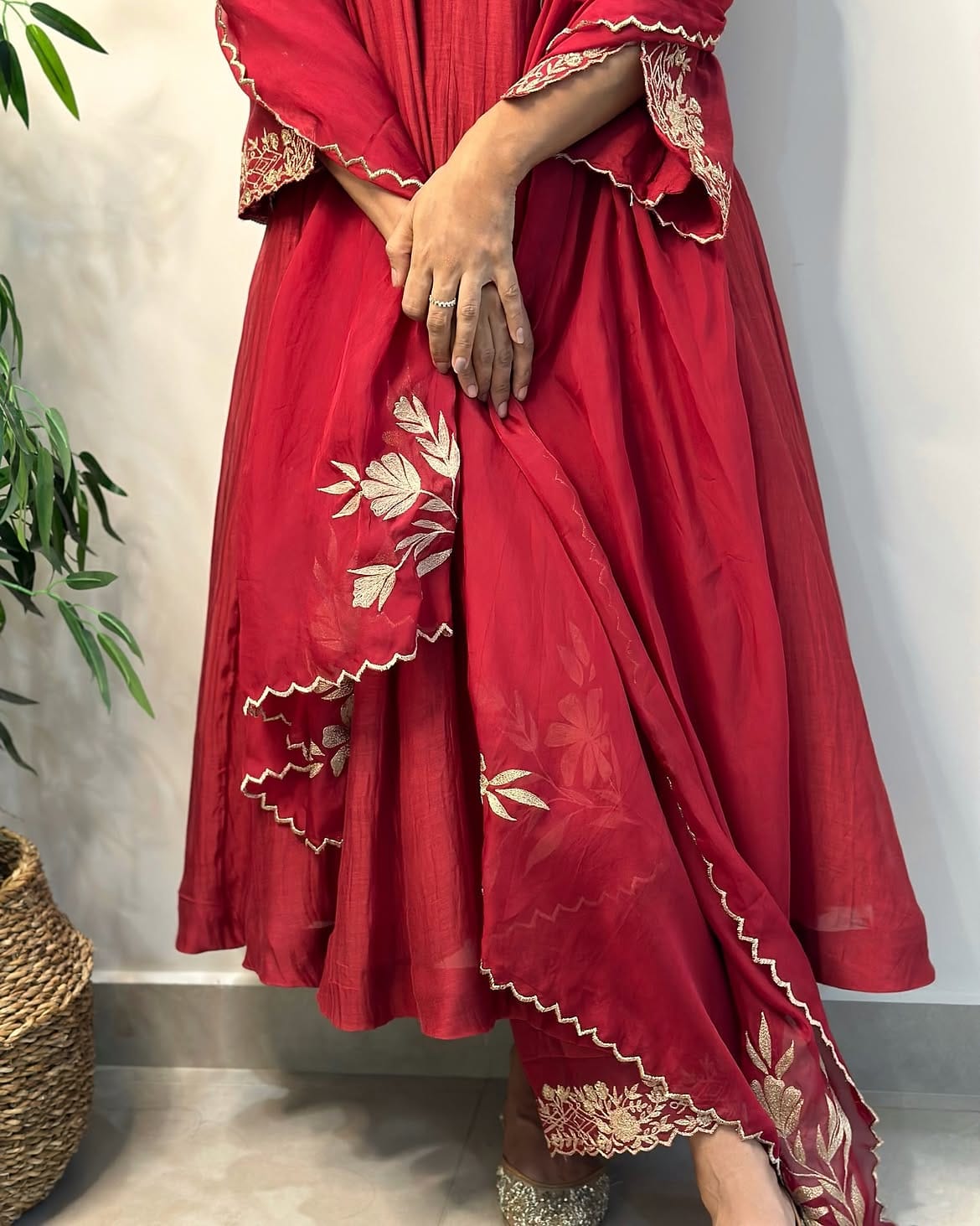 Red Pure Mul Chanderi Anarkali Kurta Pant Dupatta Set