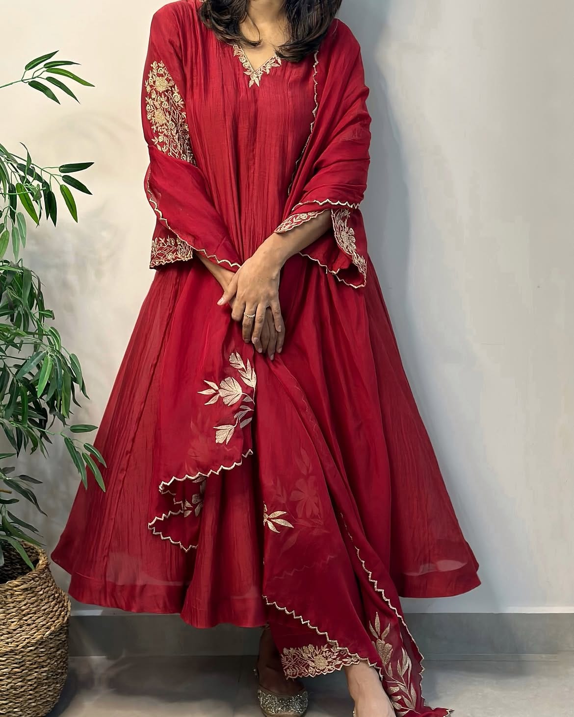 Red Pure Mul Chanderi Anarkali Kurta Pant Dupatta Set
