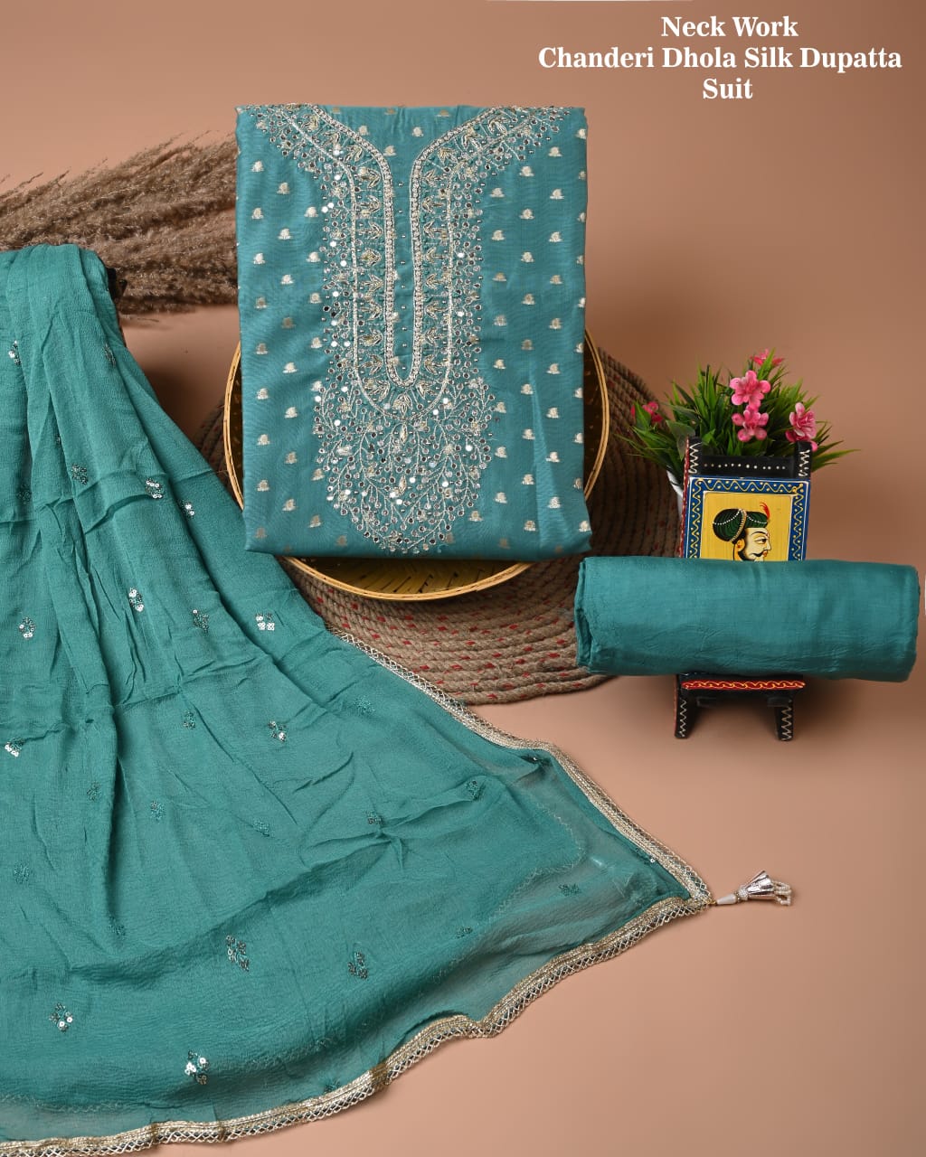 Chanderi Silk Suit with Dhola Silk Dupatta & Heavy Neck Embroidery