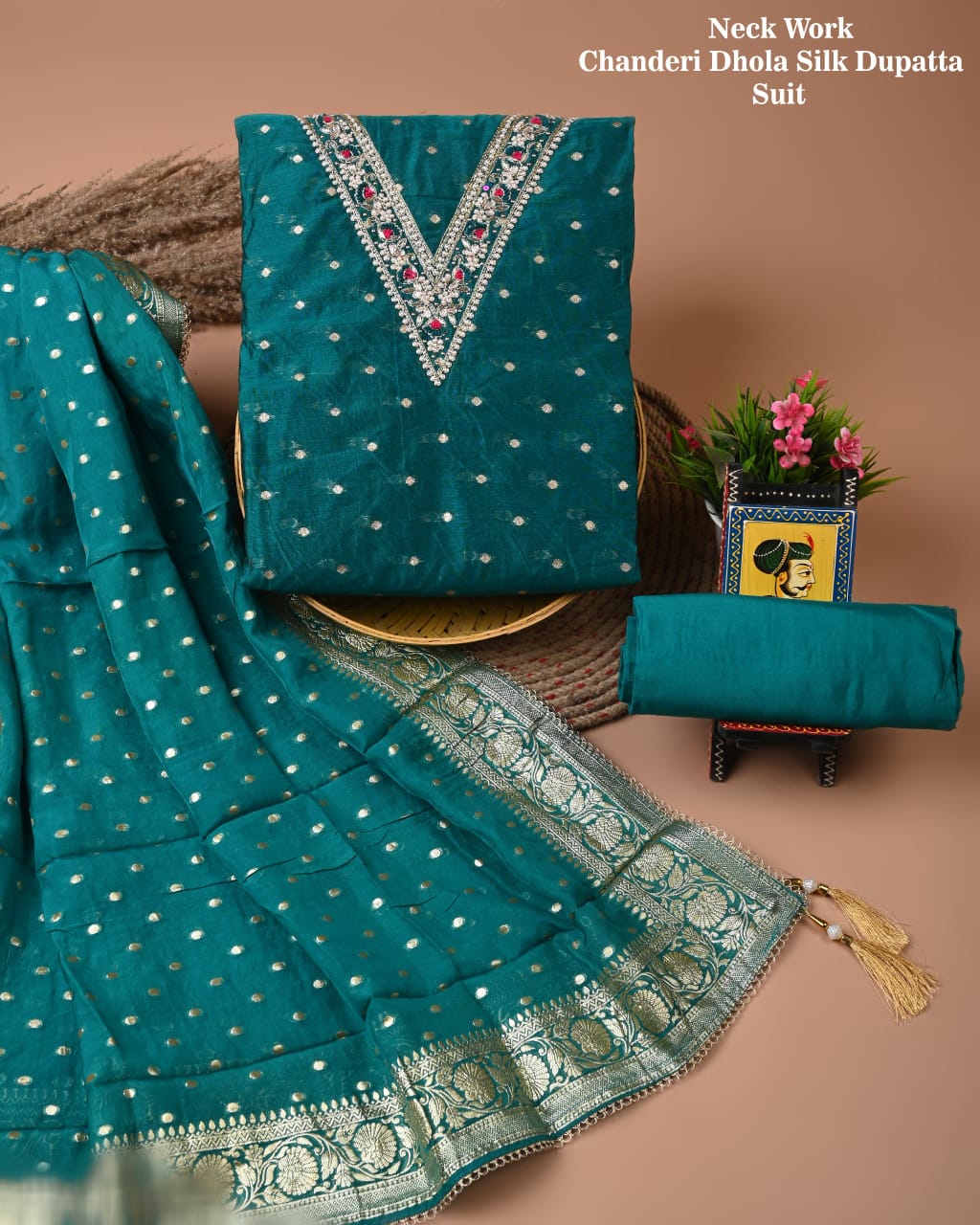 Chanderi Silk Suit with Dhola Silk Dupatta & Heavy Neck Embroidery