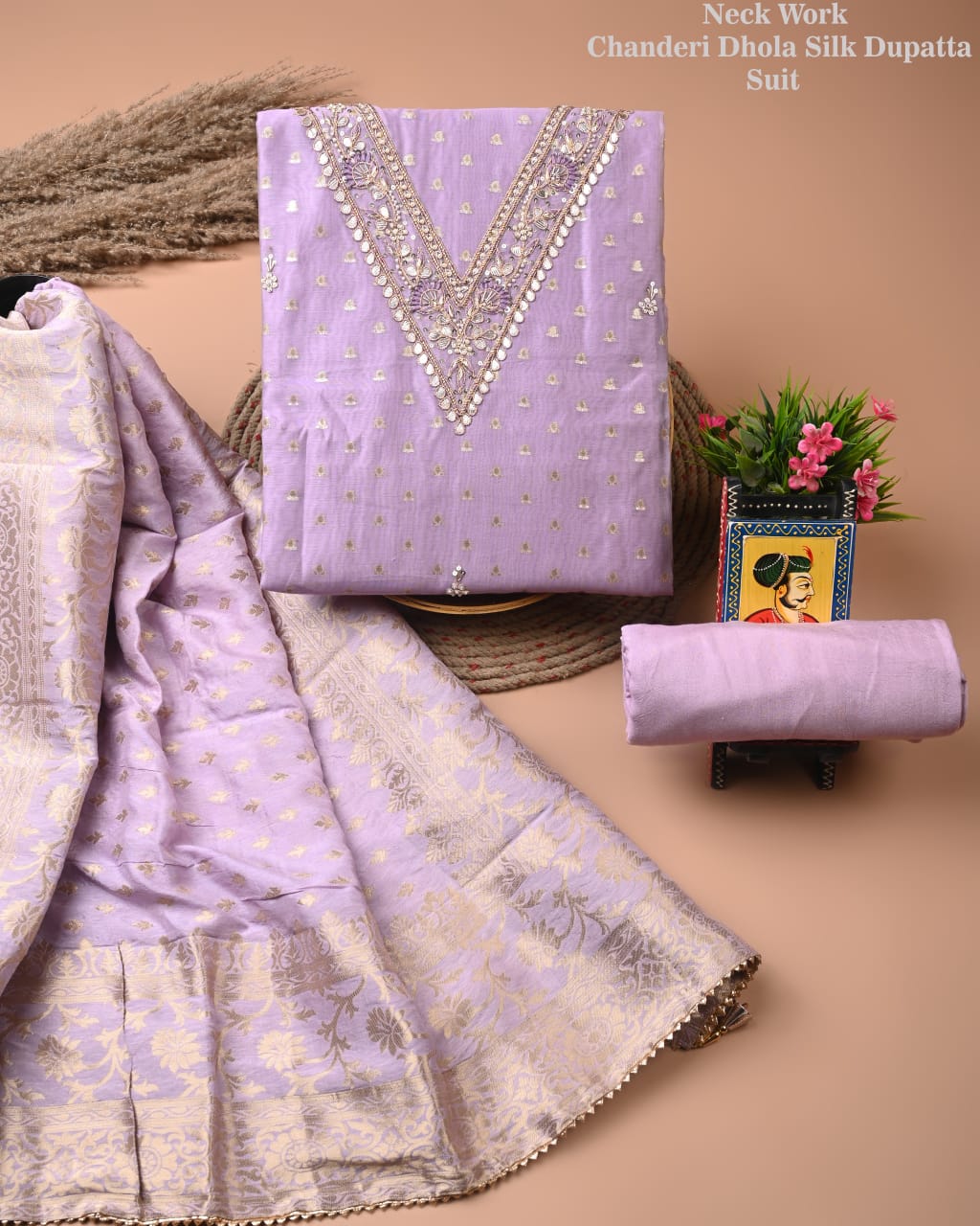 Chanderi Silk Suit with Dhola Silk Dupatta & Heavy Neck Embroidery