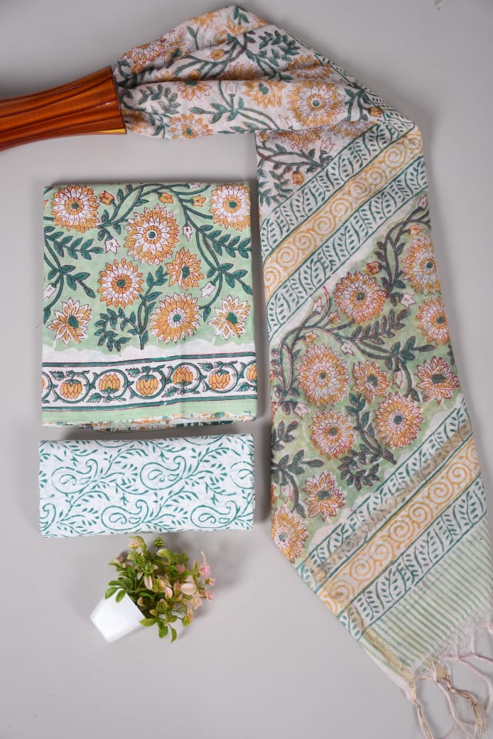 Hand Block Printed Cotton Suit With Chnaderi Dupatta Suit Sets