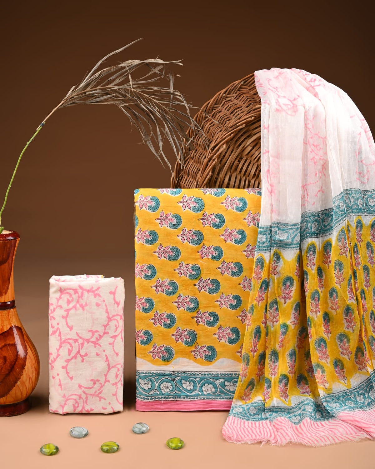 Premium  Hand Block Cotton Suit With Chiffon Dupatta Suit Sets