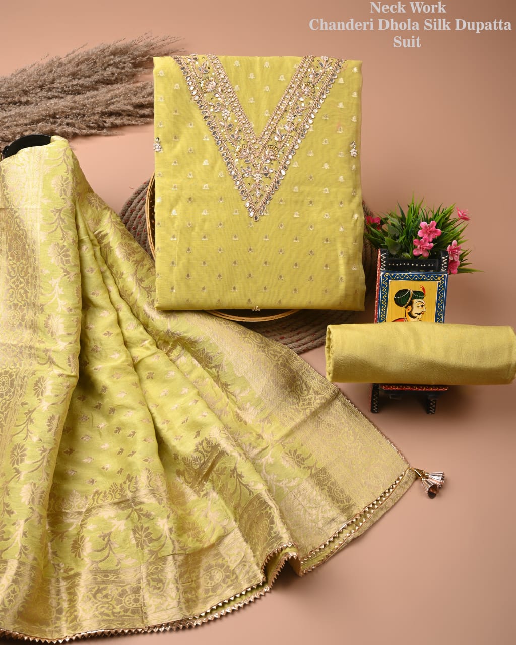 Chanderi Silk Suit with Dhola Silk Dupatta & Heavy Neck Embroidery