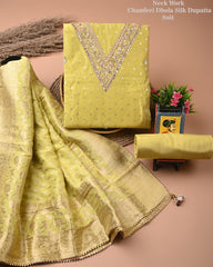 Chanderi Silk Suit with Dhola Silk Dupatta & Heavy Neck Embroidery