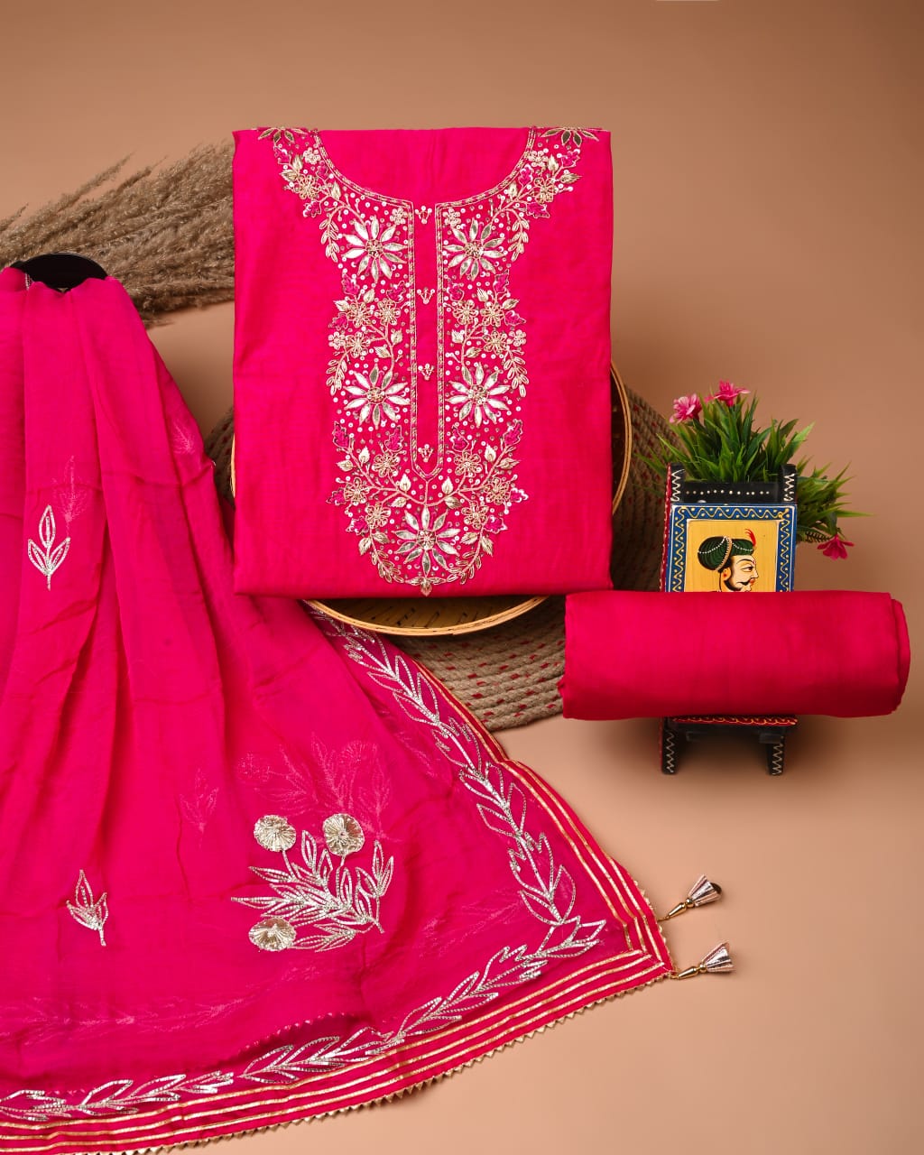 Chanderi Silk Suit with Dhola Silk Dupatta & Heavy Neck Embroidery