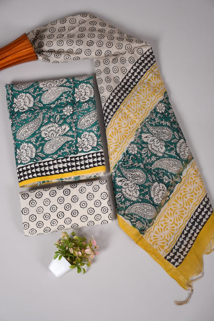 Hand Block Printed Cotton Suit With Chnaderi Dupatta Suit Sets