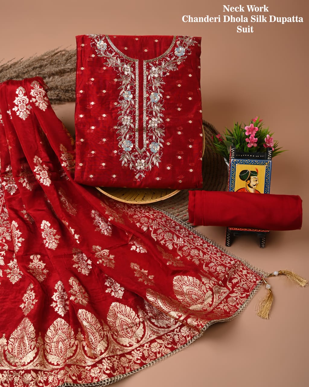 Chanderi Silk Suit with Dhola Silk Dupatta & Heavy Neck Embroidery