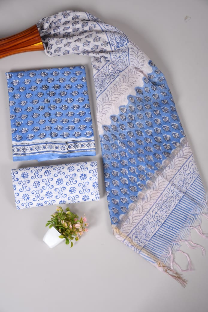 Hand Block Printed Cotton Suit With Chnaderi Dupatta Suit Sets
