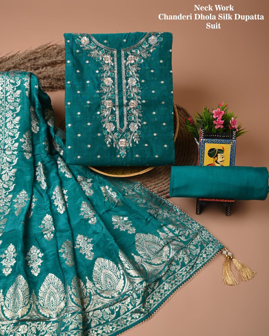 Chanderi Silk Suit with Dhola Silk Dupatta & Heavy Neck Embroidery