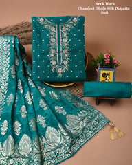 Chanderi Silk Suit with Dhola Silk Dupatta & Heavy Neck Embroidery