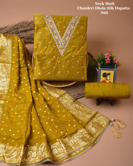 Chanderi Silk Suit with Dhola Silk Dupatta & Heavy Neck Embroidery