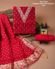 Chanderi Silk Suit with Dhola Silk Dupatta & Heavy Neck Embroidery