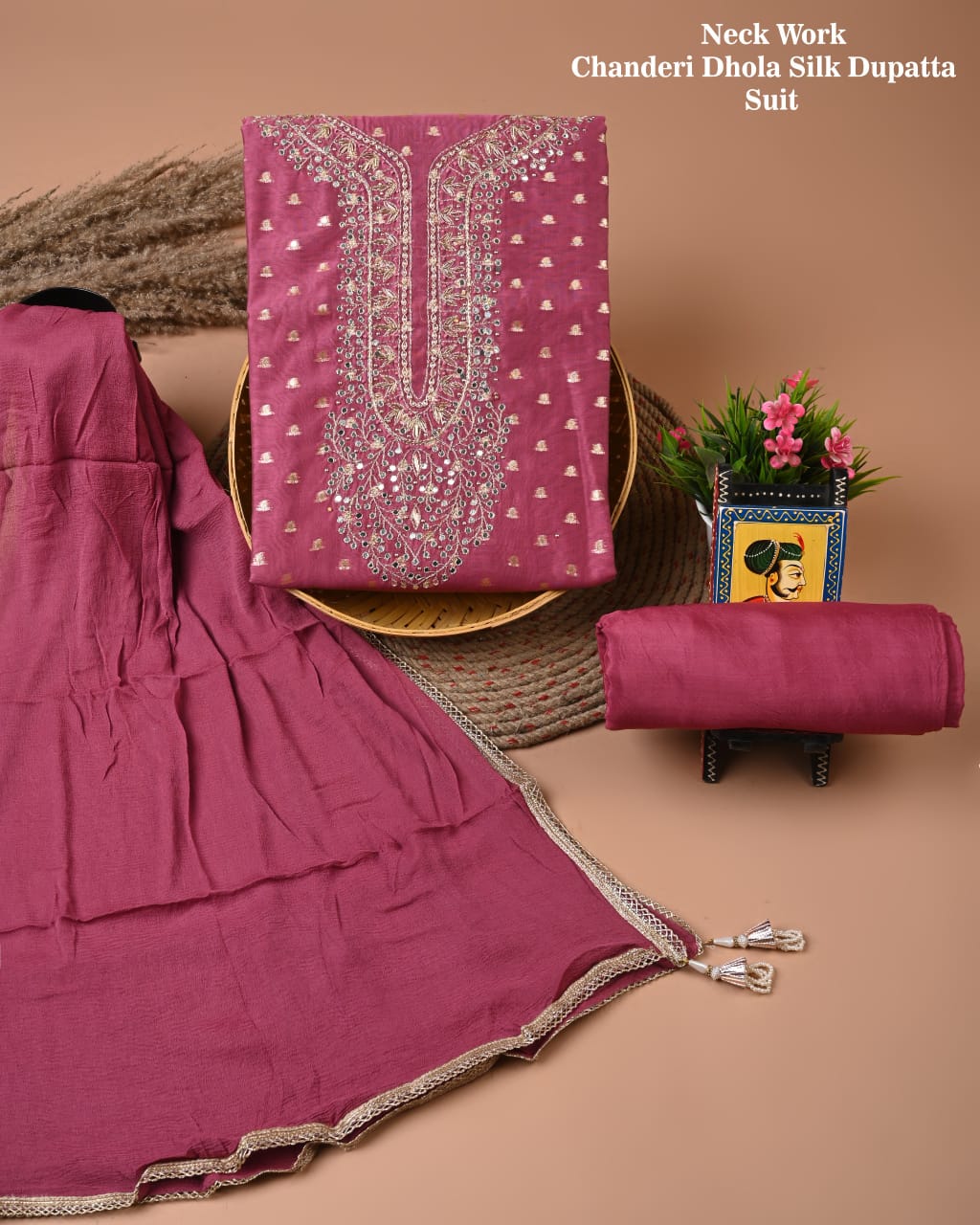 Magenta Chanderi Dhola Silk Suit with Neck Embroidery & Matching Dupatta